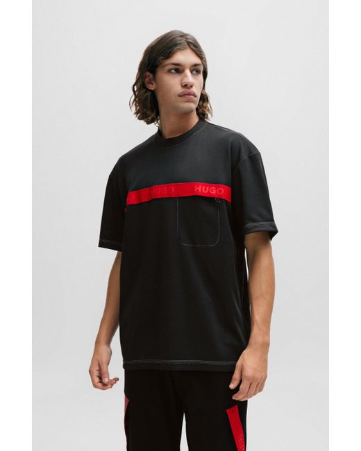 HUGO T-shirt Van Een Katoenmix Met Rode Logoband in het Black voor heren
