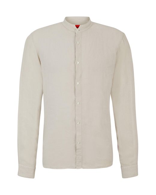 Chemise Slim Fit À Col Mao En Lin HUGO pour homme en coloris White
