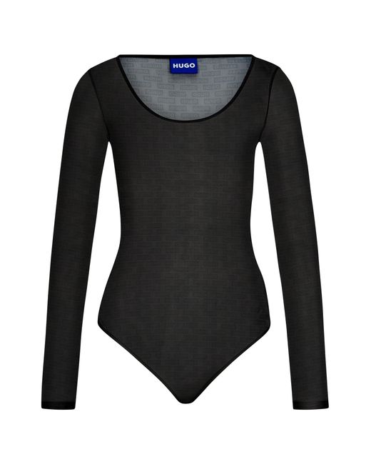 HUGO Black Slim-fit Bodysuit In Logo Mesh