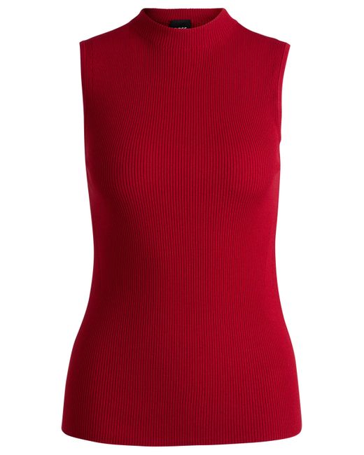 Boss Red Sleeveless Mock-neck Top With Ribbed Structure