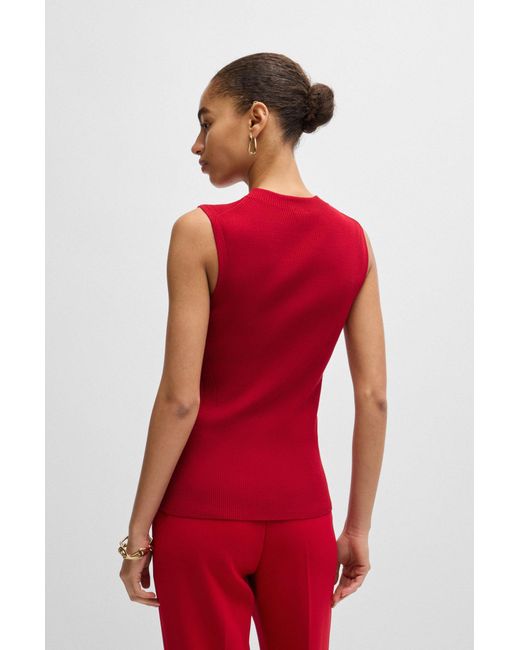 Boss Red Sleeveless Mock-neck Top In Ribbed Fabric