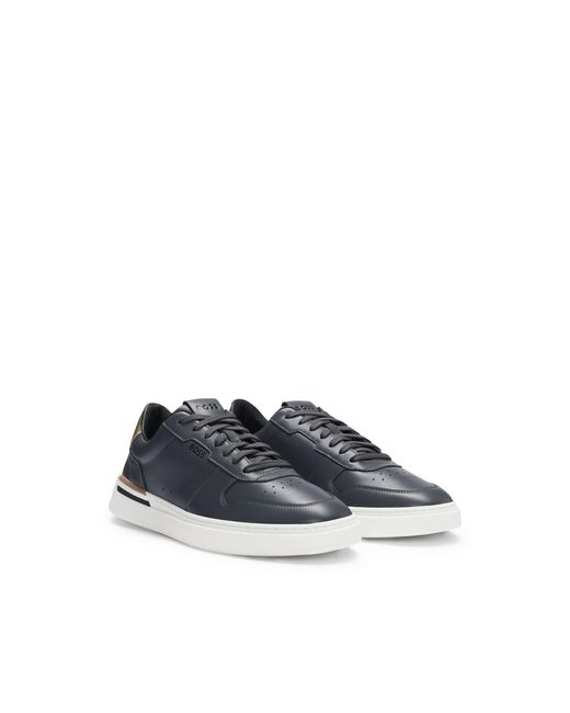 Boss Blue Leather Cupsole Trainers With Signature Details for men