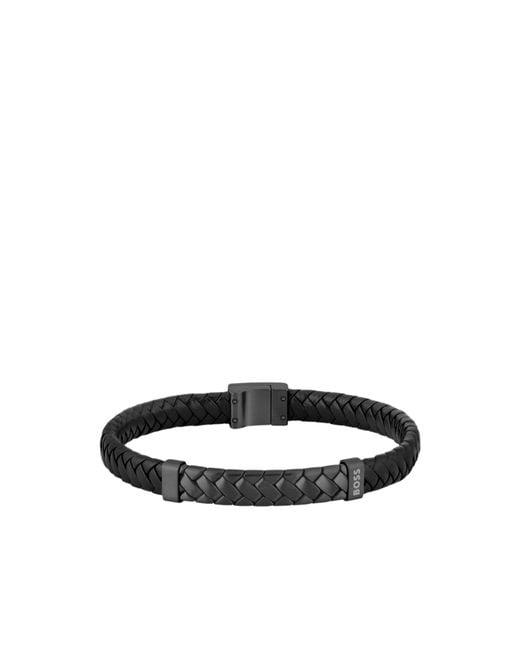 Boss Black Braided-Leather Cuff With Herringbone Hardware for men