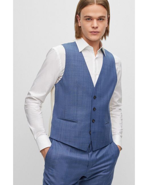 BOSS HUGO BOSS Slim-fit Suit In Checked Virgin-wool Serge in Blue for Men | Lyst