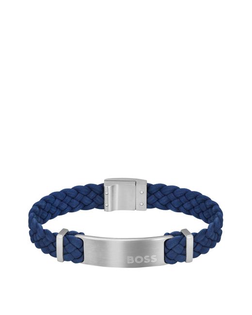 Bracelet tressé en cuir suédé bleu avec plaquette logo Boss pour homme en coloris Blue