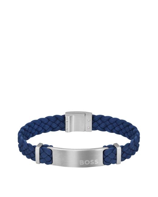 Boss Flecht-Armband aus blauem Veloursleder mit Logo-Applikation in Blue für Herren