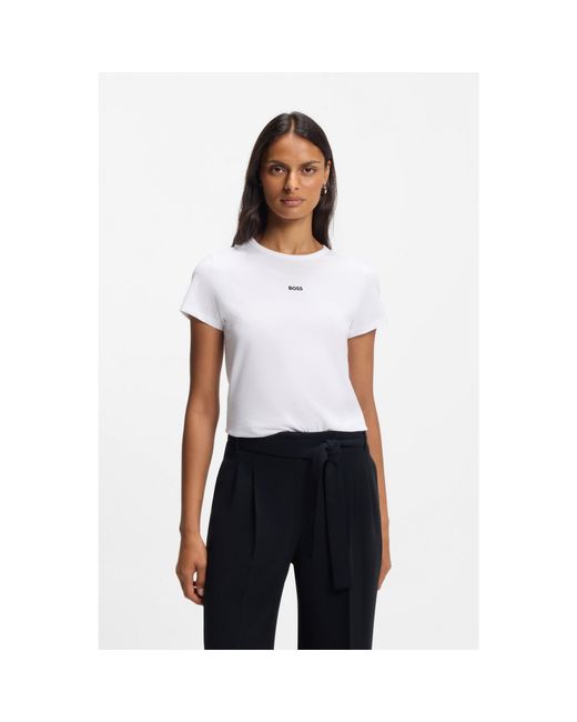 Boss White Organic-Cotton Slim-Fit T-Shirt With Contrast Logo