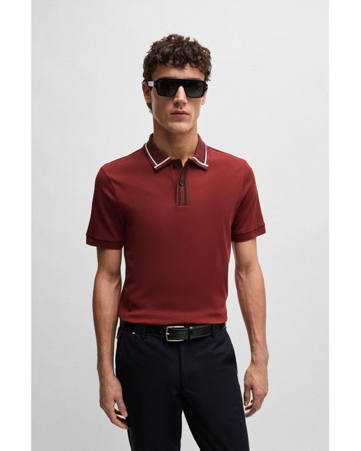 Boss Red Mercerised-cotton Slim-fit Polo Shirt With Contrast Stripes for men