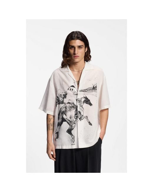 HUGO White Oversized-Fit Shirt With Horse Racing Print for men