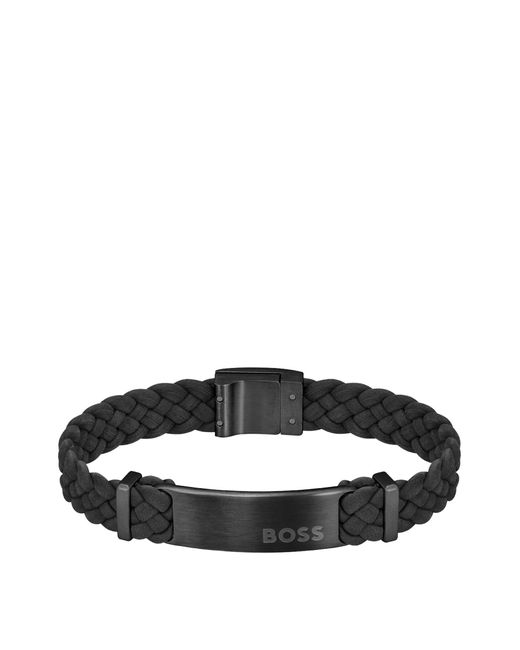 Boss Black-suede Braided Cuff With Logo Plate for men