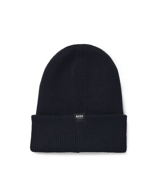 Boss Blue Equestrian Ribbed Beanie Hat With Embroidered Logo