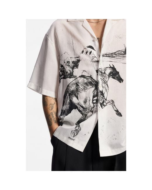 HUGO White Oversized-Fit Shirt With Horse Racing Print for men