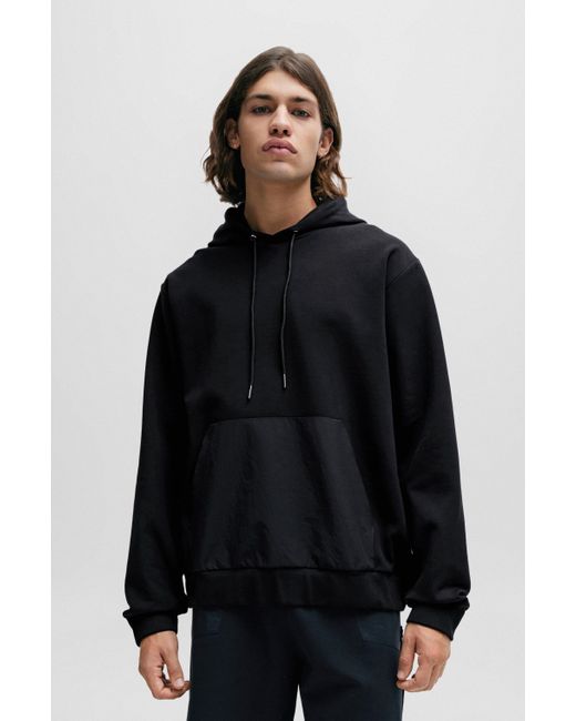 HUGO Black Relaxed-fit Hoodie In Stretch Cotton With Contrast Pocket for men