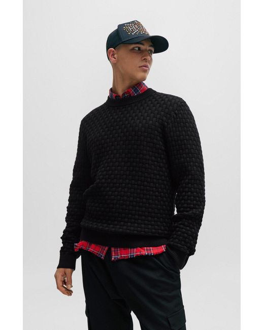 HUGO Black Relaxed-fit Pure-cotton Sweater With 3d Knitted Pattern for men