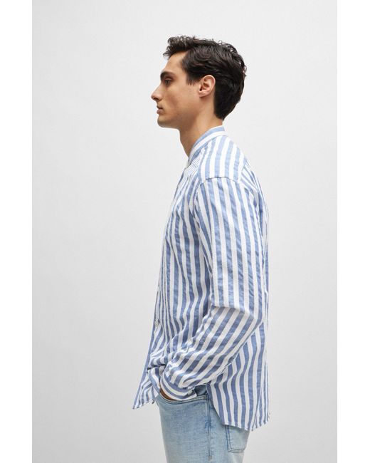 Boss Blue Collarless Relaxed-fit Shirt In Striped Cotton-blend Bouclé for men