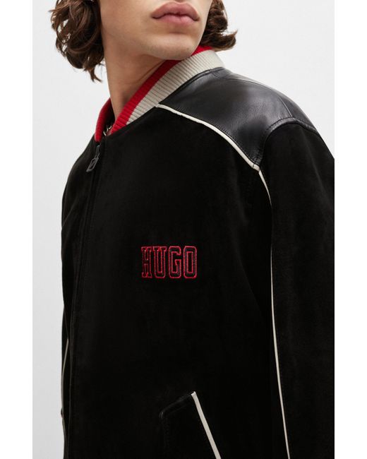 HUGO Black Relaxed-fit Bomber Jacket With Sporty Logos for men