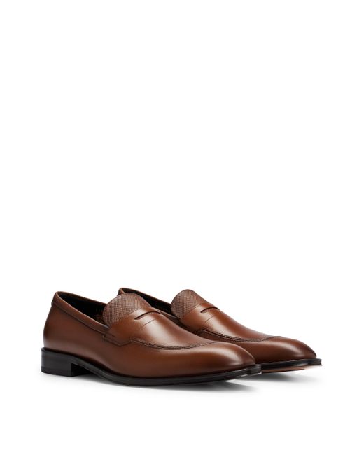 Boss Brown Loafers In Plain And Saffiano-print Leather for men