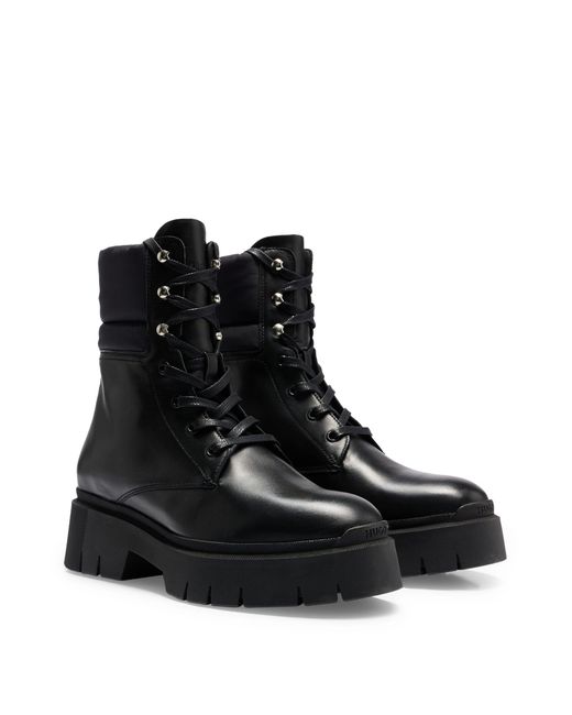 HUGO Black Mixed-material Lace-up Boots With Leather Details