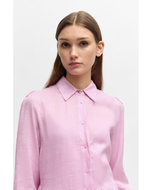 Boss Pink Tiered Shirt Dress In Ramie With Cotton Inner Dress