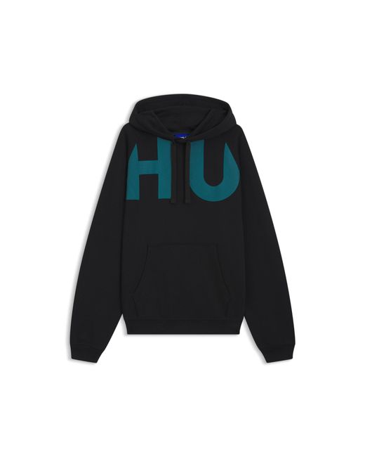 HUGO Blue Cotton-Terry Hoodie With Logo Print for men