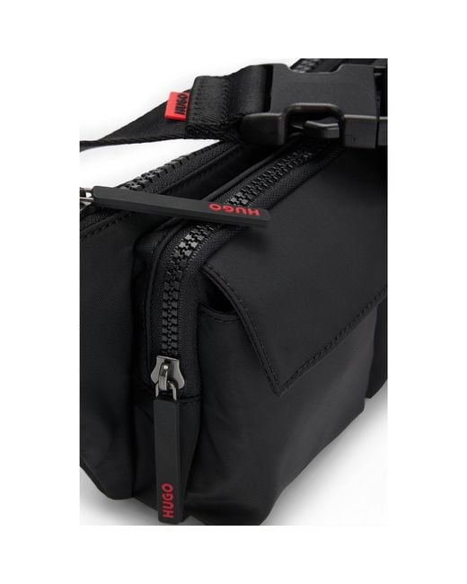 HUGO Black Matte-Twill Belt Bag With Double Flap Pockets for men