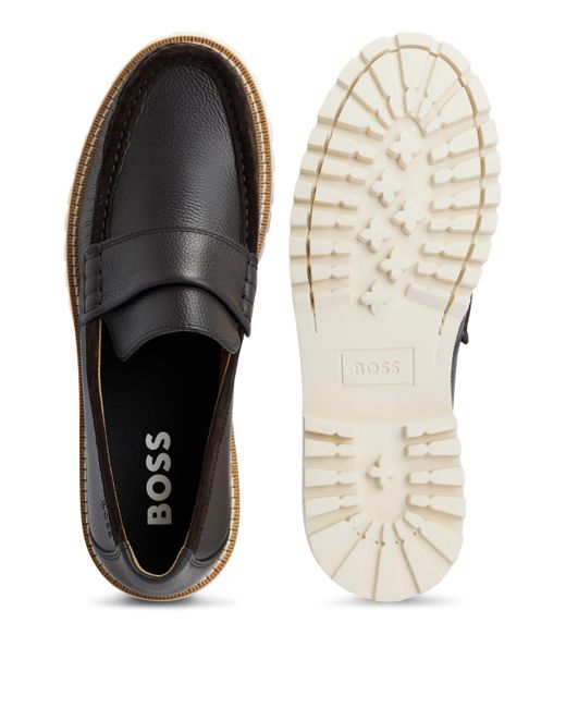 Boss Black Slip-on Moccasins In Grained Leather And Suede for men