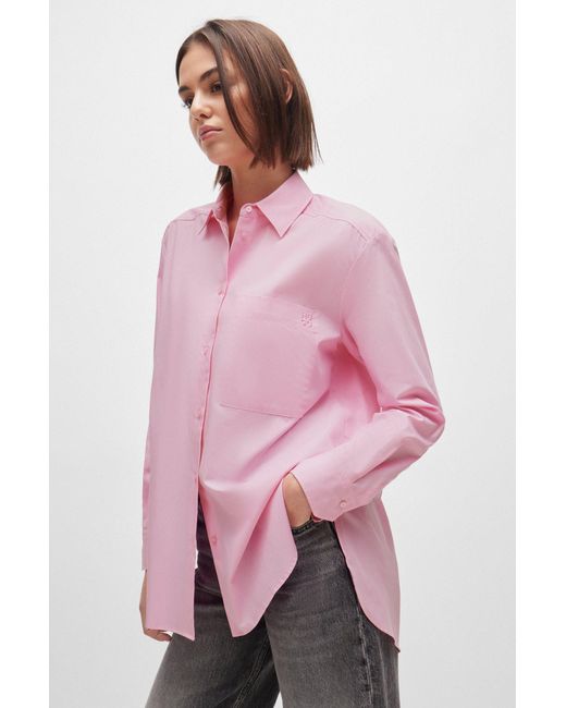 HUGO Pink Oversized-fit Blouse In Cotton Canvas With Point Collar