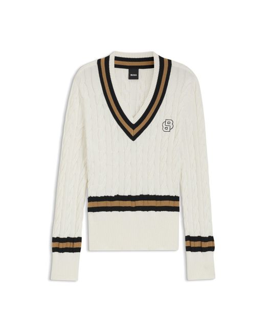 Boss White Equestrian Cotton Sweater With Cable-Knit Structure