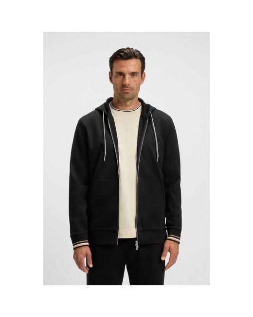 Boss Black Cotton-Blend Zip-Up Hoodie With Patterned Drawcords for men