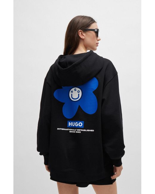 HUGO Black Cotton-terry All-gender Hoodie With Flower-print Logos