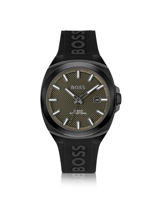 Boss Black Silicone-logo-strap Watch With Olive Guilloché Dial for men