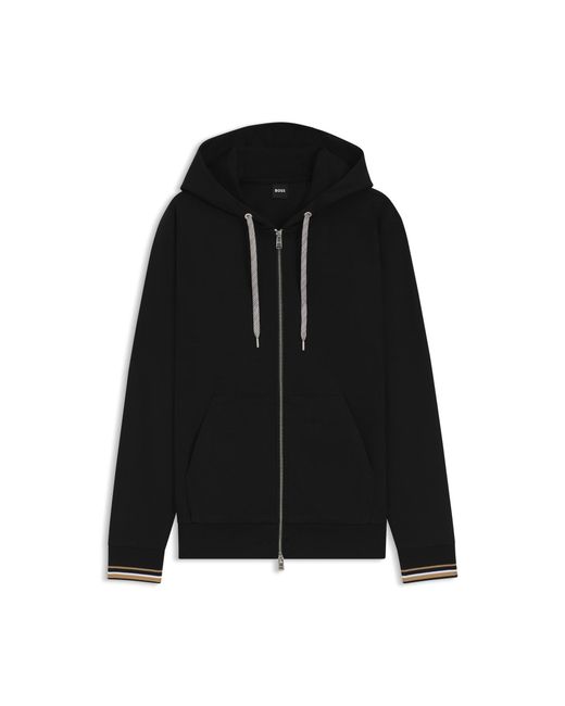 Boss Black Cotton-Blend Zip-Up Hoodie With Patterned Drawcords for men