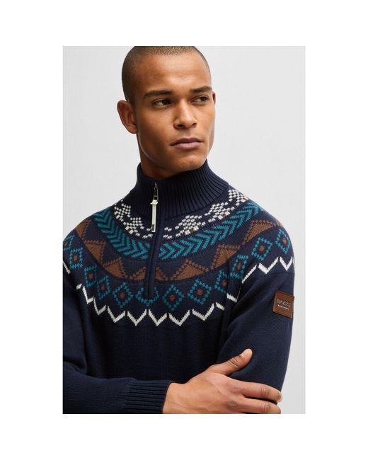 Boss Blue Equestrian Troyer Sweater With Knitted Pattern for men