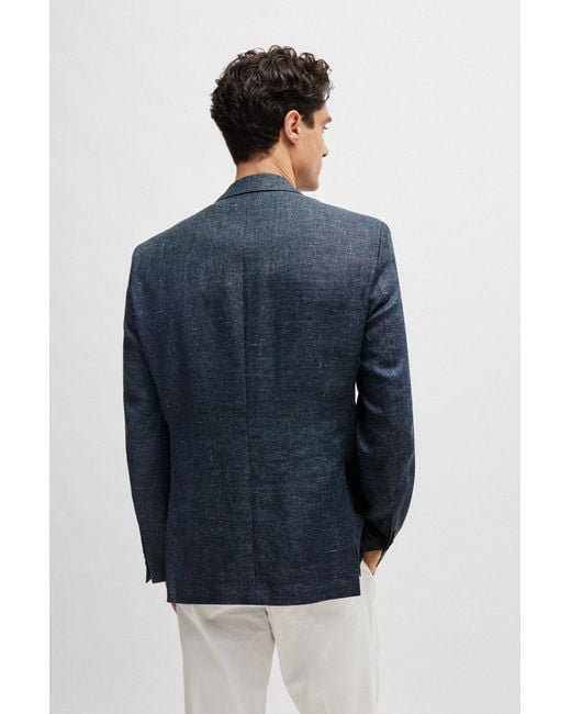 Boss Blue Regular-fit Jacket In Micro-patterned Wool And Linen for men