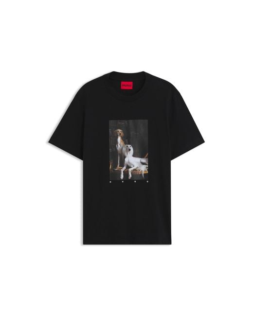 HUGO Black Cotton-Jersey T-Shirt With Graphic Print for men