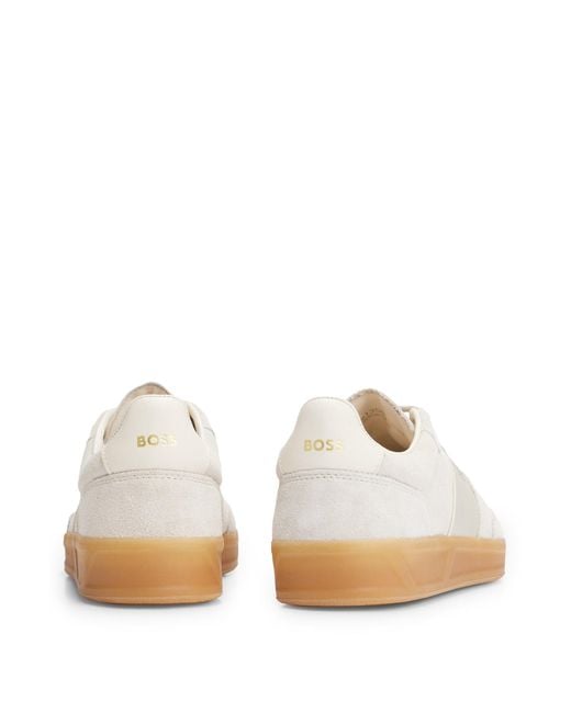 Boss White Suede Trainers With Emed Gold-tone Logo