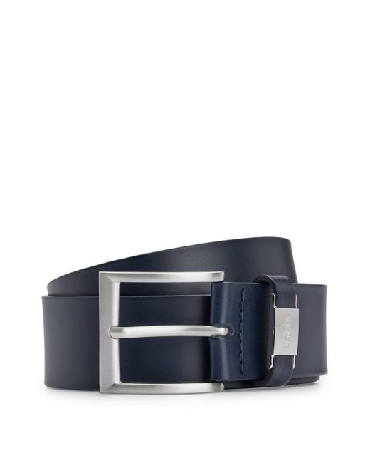 Boss Blue Italian-leather Belt With Logo Keeper And Brushed Hardware for men