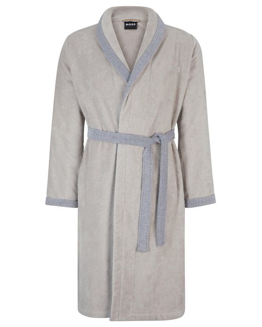 Boss Gray Cotton-velvet Dressing Gown With Embroidered Logo