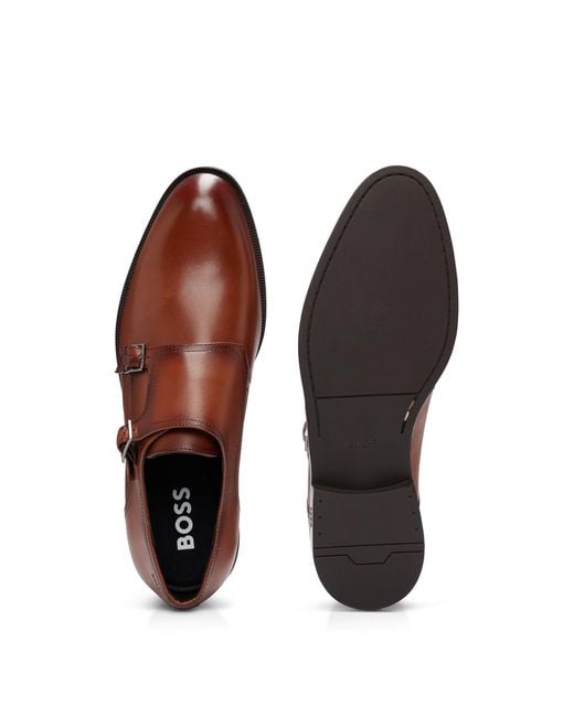 Boss Brown Double-monk Shoes In Smooth Leather With Branded Buckles for men