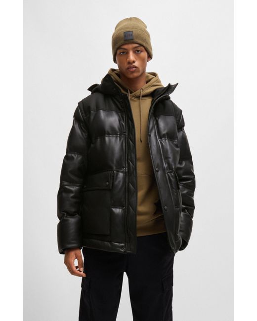 Doudoune en cuir a capuche et manches amovibles BOSS pour homme en coloris Noir Lyst