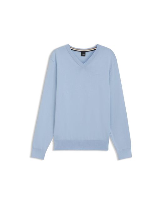 Boss Blue Cotton Sweater With A V-Neck And Logo for men