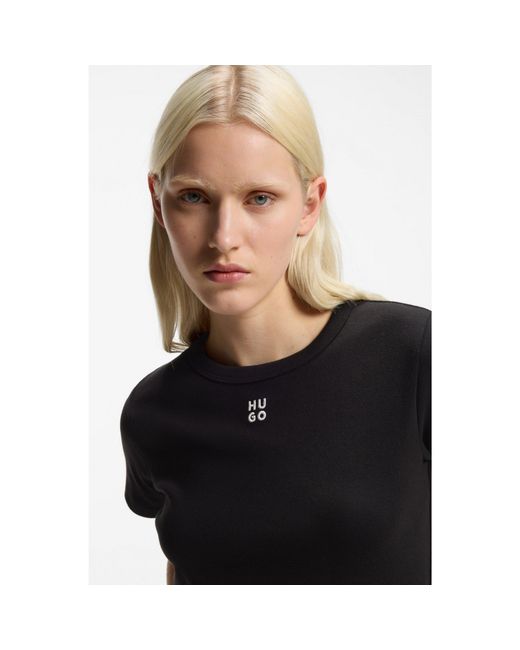 HUGO Black Regular-Fit T-Shirt With Stacked-Logo Embroidery