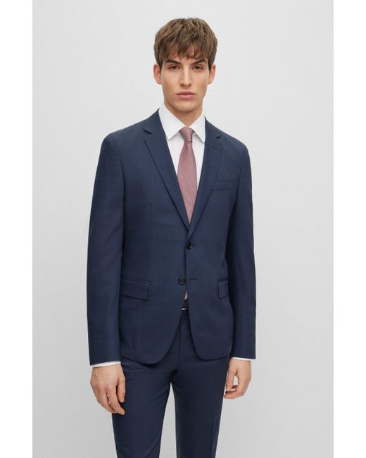 BOSS by HUGO BOSS Slim-fit Suit In A Checked Virgin-wool Blend in Blue for  Men | Lyst