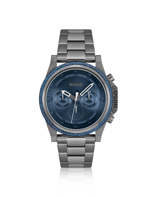 HUGO Uhr mit Gliederarmband, blauem Zifferblatt und Denim-Lünette in Blue für Herren