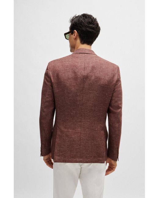 Boss Brown Slim-fit Jacket In Patterned Virgin Wool And Linen for men