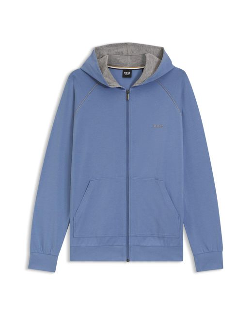 Boss Hoodie Van Stretchkatoen Met Rits En Contrastbiezen in het Blue voor heren