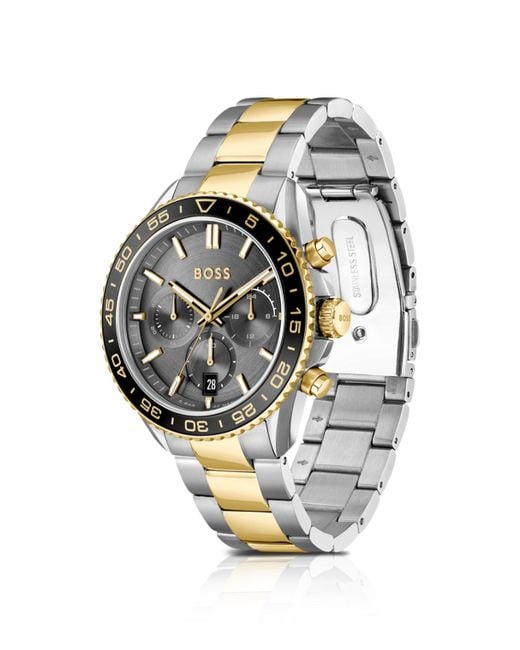 Boss Metallic Two-tone Link-bracelet Chronograph Watch With Grey Dial for men