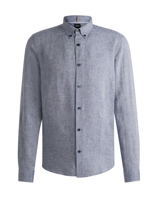 Boss Regular-Fit Hemd aus Leinen mit Button-Down-Kragen in Blue für Herren