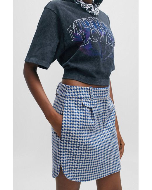 HUGO Blue Houndstooth Mini Skirt In A Cotton Blend