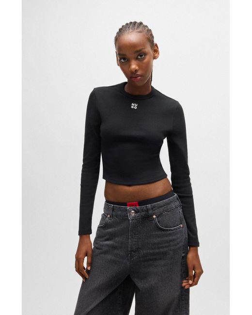 HUGO Black Cotton-blend Slim-fit Top With Stacked Logo